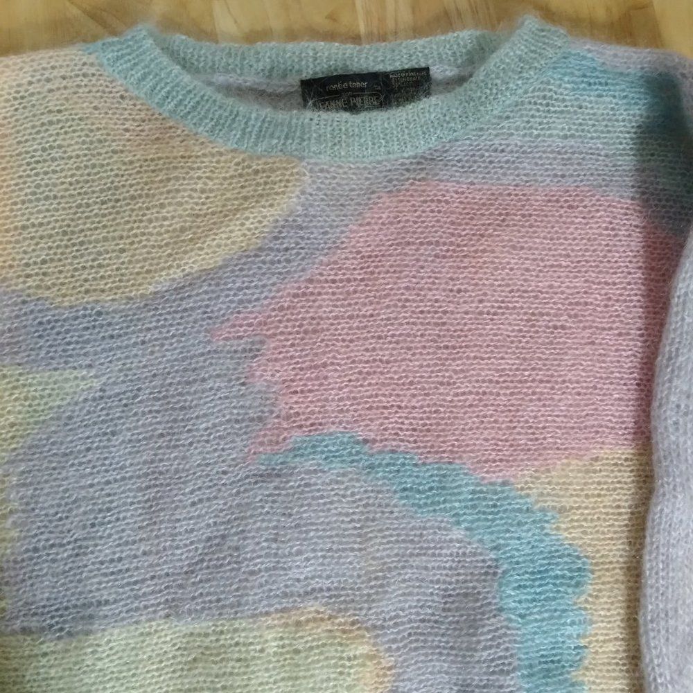 Vintage Jeanne Pierre Color Block Pastel Mohair Wool Knit Crewneck Sweater